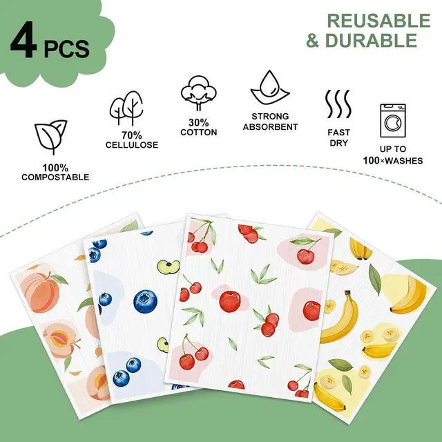 Alt view image 3 of 7 - Swedish Dishcloths for Kitchen, Reusable Paper Towels, 4 Pack | Super Absorbent & Washable Dish Rags, Non-Scratch Cellulose Sponge Cloths for Washing Dishes, Dishwasher Safe, Biodegradable