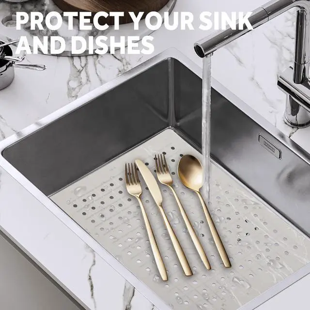 Alt view image 7 of 7 - GeeRic Kitchen Sink Mat 12.36 x 10.28" Dish Drying Mat | Sink Protector Mats Non-Slip Dish Dry Mat Dishwasher Safe, Rectangular, Wthie