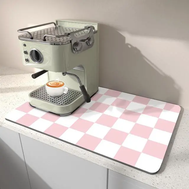 Main image of Dish Drying Mat for Kitchen Counter, 12" x 20" Checkered Coffee Bar Mat for Espresso Machine, Absorbent and Stain-Resistant Countertop Protector, Non-Slip Rubber Back Drying Pad, Pink & White