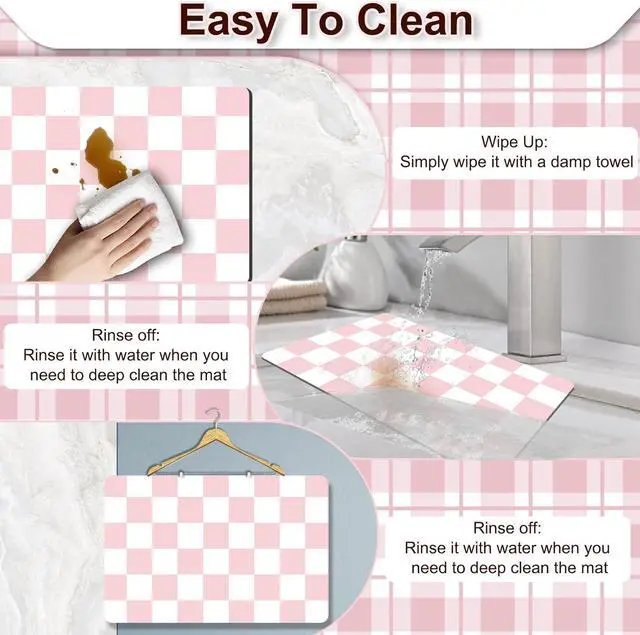 Alt view image 5 of 6 - Dish Drying Mat for Kitchen Counter, 12" x 20" Checkered Coffee Bar Mat for Espresso Machine, Absorbent and Stain-Resistant Countertop Protector, Non-Slip Rubber Back Drying Pad, Pink & White