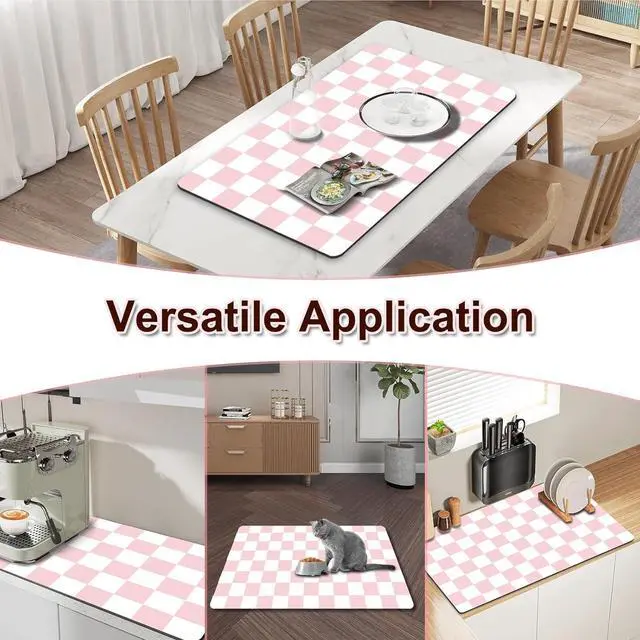 Alt view image 6 of 6 - Dish Drying Mat for Kitchen Counter, 12" x 20" Checkered Coffee Bar Mat for Espresso Machine, Absorbent and Stain-Resistant Countertop Protector, Non-Slip Rubber Back Drying Pad, Pink & White