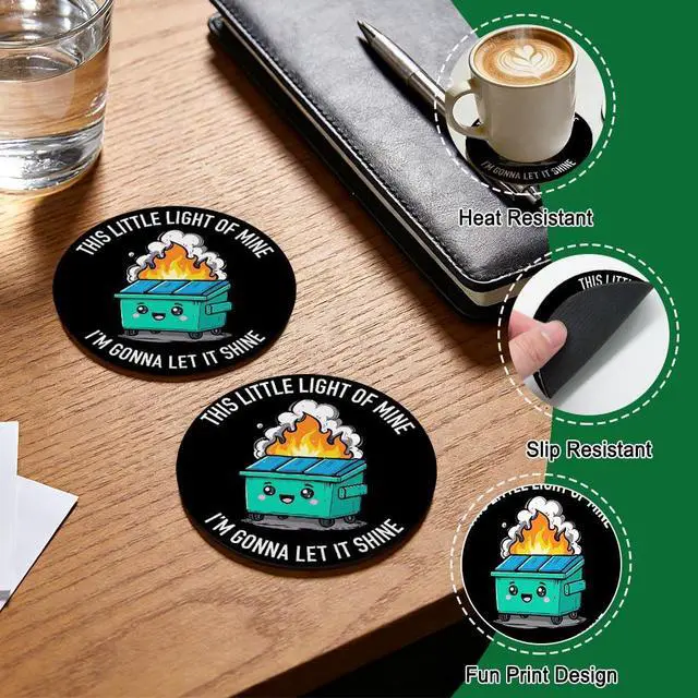 Alt view image 3 of 6 - This Little Light of Mine Im Gonna Let It Shine Drink Cup Holder Coaster Set of 2, Funny Dumpster Fire Coffee Cup Mats for Office Desk Decor, Humor Sarcastic Work Gifts for Women Men Coworkers