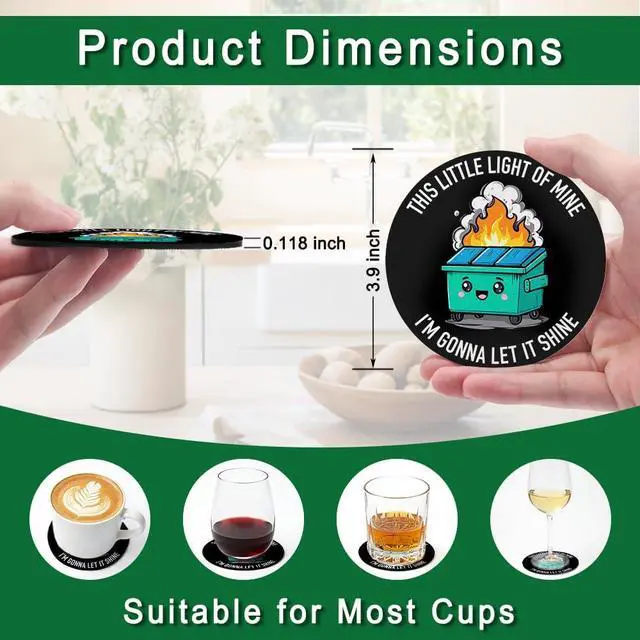 Alt view image 2 of 6 - This Little Light of Mine Im Gonna Let It Shine Drink Cup Holder Coaster Set of 2, Funny Dumpster Fire Coffee Cup Mats for Office Desk Decor, Humor Sarcastic Work Gifts for Women Men Coworkers