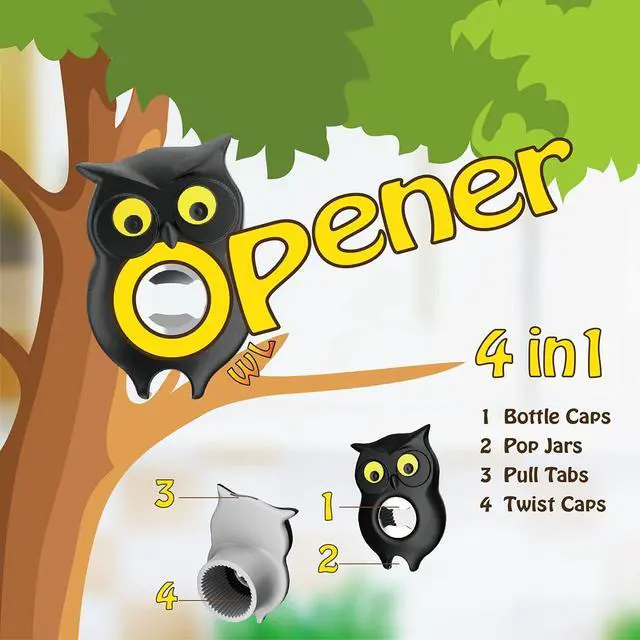 Alt view image 5 of 7 - 4-in-1 Manual Owl Bottle Opener - BPA-Free Multi-Function Opener for Bottle Caps, Jars, Pull Tabs & Twist Caps, Ergonomic Design for Kids, Seniors & Weak Hands (Yellow)