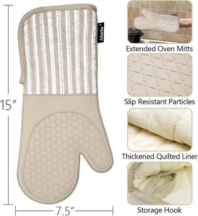 Alt view image 2 of 7 - Alselo Silicone Oven Mitts Heat Resistant 932 with Waterproof & Non-Slip | Kitchen Mittens Set of 2,Extra Long 7.5"x15" Oven Gloves with Soft Cotton Terry Lining for Baking Cooking BBQ (Khaki,2)