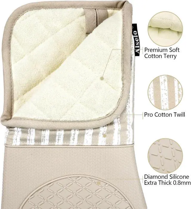 Alt view image 3 of 7 - Alselo Silicone Oven Mitts Heat Resistant 932 with Waterproof & Non-Slip | Kitchen Mittens Set of 2,Extra Long 7.5"x15" Oven Gloves with Soft Cotton Terry Lining for Baking Cooking BBQ (Khaki,2)