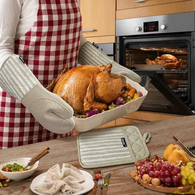 Alt view image 4 of 7 - Alselo Silicone Oven Mitts Heat Resistant 932 with Waterproof & Non-Slip | Kitchen Mittens Set of 2,Extra Long 7.5"x15" Oven Gloves with Soft Cotton Terry Lining for Baking Cooking BBQ (Khaki,2)