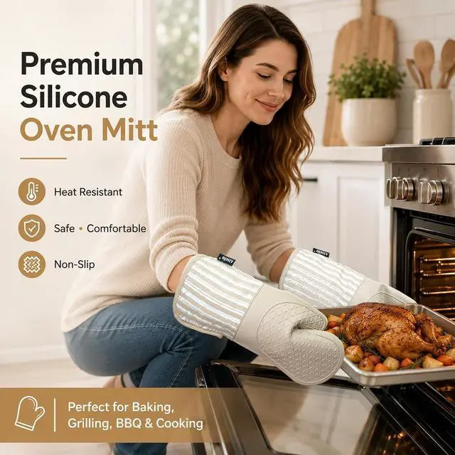Alt view image 5 of 7 - Alselo Silicone Oven Mitts Heat Resistant 932 with Waterproof & Non-Slip | Kitchen Mittens Set of 2,Extra Long 7.5"x15" Oven Gloves with Soft Cotton Terry Lining for Baking Cooking BBQ (Khaki,2)
