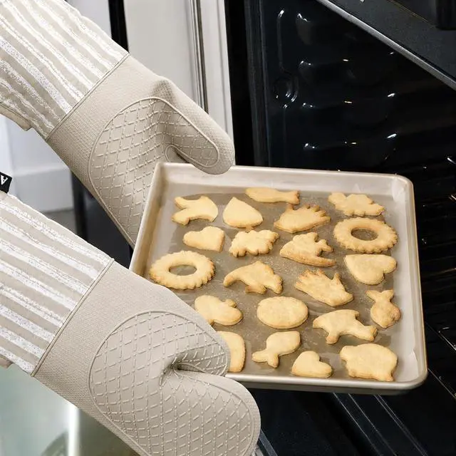 Alt view image 6 of 7 - Alselo Silicone Oven Mitts Heat Resistant 932 with Waterproof & Non-Slip | Kitchen Mittens Set of 2,Extra Long 7.5"x15" Oven Gloves with Soft Cotton Terry Lining for Baking Cooking BBQ (Khaki,2)