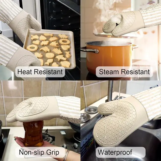Alt view image 7 of 7 - Alselo Silicone Oven Mitts Heat Resistant 932 with Waterproof & Non-Slip | Kitchen Mittens Set of 2,Extra Long 7.5"x15" Oven Gloves with Soft Cotton Terry Lining for Baking Cooking BBQ (Khaki,2)
