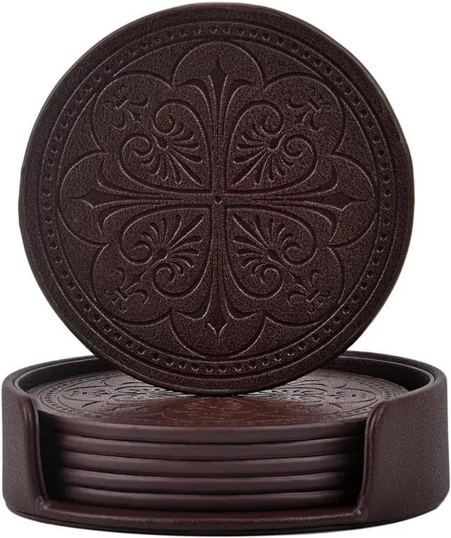 Main image of Drink Coasters,PU Leather Bar Beer Beverage Coaster for Drinks Set of 6 with Holder Coasters for Wooden Table Coffee Table Absorbent, Easy Clean Cup Coaster Easter Housewarming Gifts