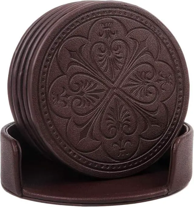 Alt view image 2 of 7 - Drink Coasters,PU Leather Bar Beer Beverage Coaster for Drinks Set of 6 with Holder Coasters for Wooden Table Coffee Table Absorbent, Easy Clean Cup Coaster Easter Housewarming Gifts