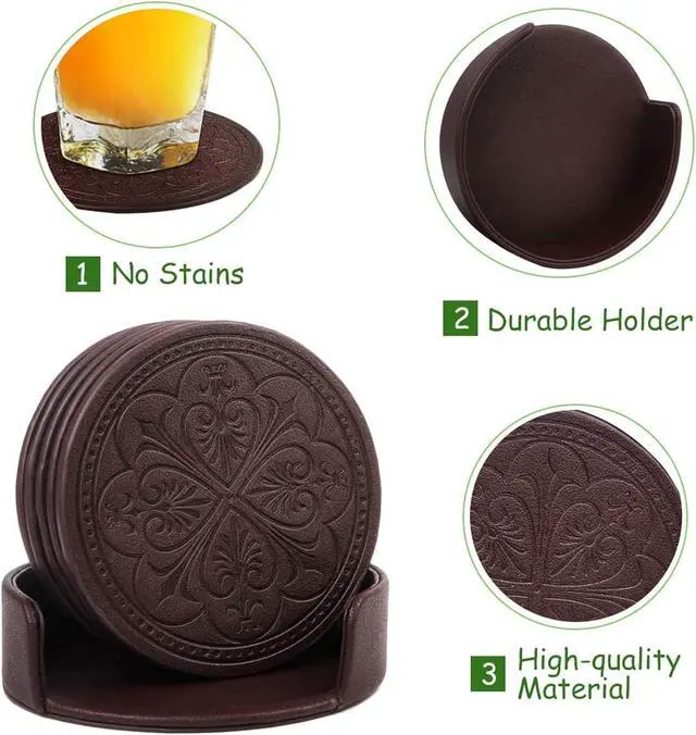 Alt view image 3 of 7 - Drink Coasters,PU Leather Bar Beer Beverage Coaster for Drinks Set of 6 with Holder Coasters for Wooden Table Coffee Table Absorbent, Easy Clean Cup Coaster Easter Housewarming Gifts
