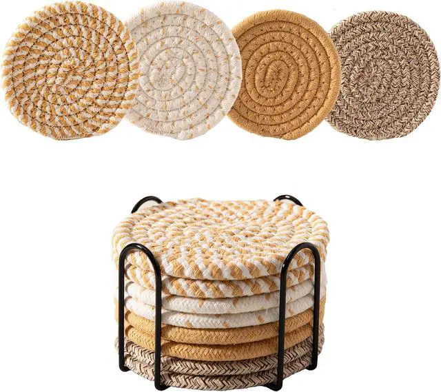 Main image of Drink Coasters Set of 8 with Holder, Cotton Woven | Absorbent cotton woven coasters in 4 colors for coffee and beer. Provides reliable tabletop protection against water rings.