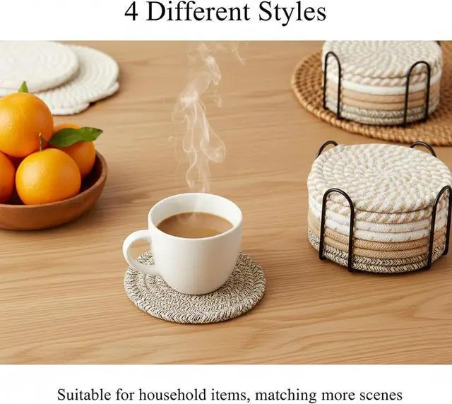 Alt view image 2 of 6 - Drink Coasters Set of 8 with Holder, Cotton Woven | Absorbent cotton woven coasters in 4 colors for coffee and beer. Provides reliable tabletop protection against water rings.