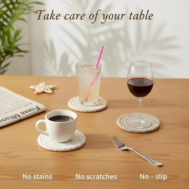 Alt view image 3 of 6 - Drink Coasters Set of 8 with Holder, Cotton Woven | Absorbent cotton woven coasters in 4 colors for coffee and beer. Provides reliable tabletop protection against water rings.