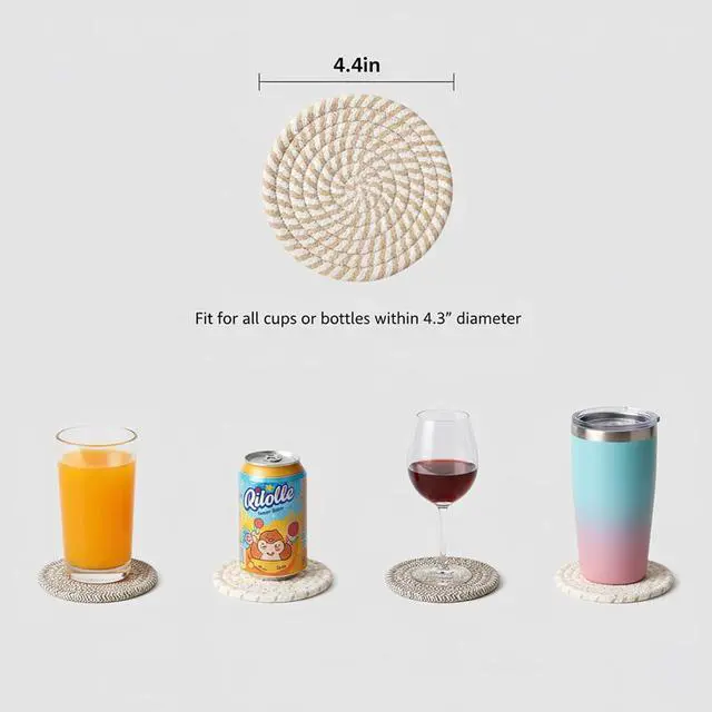 Alt view image 4 of 6 - Drink Coasters Set of 8 with Holder, Cotton Woven | Absorbent cotton woven coasters in 4 colors for coffee and beer. Provides reliable tabletop protection against water rings.