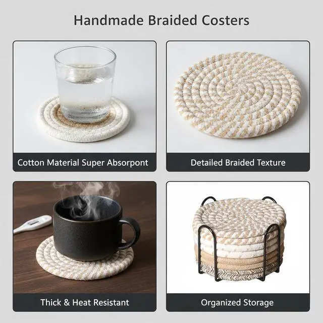 Alt view image 5 of 6 - Drink Coasters Set of 8 with Holder, Cotton Woven | Absorbent cotton woven coasters in 4 colors for coffee and beer. Provides reliable tabletop protection against water rings.