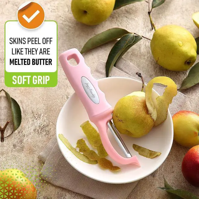 Alt view image 4 of 7 - Spring Chef Swivel Vegetable Peeler with Soft Grip Handle, Pink Lemonade | Premium Potato Peeler w/ Ultra Sharp Stainless Steel Blades, Multifunctional Veggie Peeler for Apple, Carrot, Cucumber, Fruit