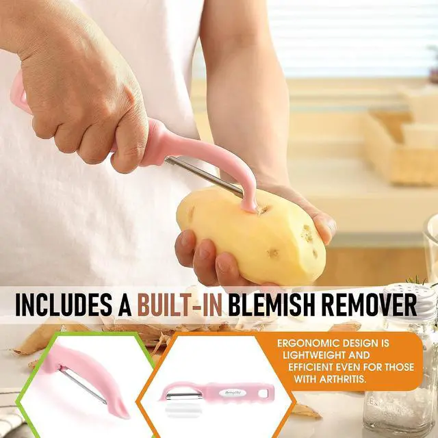 Alt view image 5 of 7 - Spring Chef Swivel Vegetable Peeler with Soft Grip Handle, Pink Lemonade | Premium Potato Peeler w/ Ultra Sharp Stainless Steel Blades, Multifunctional Veggie Peeler for Apple, Carrot, Cucumber, Fruit