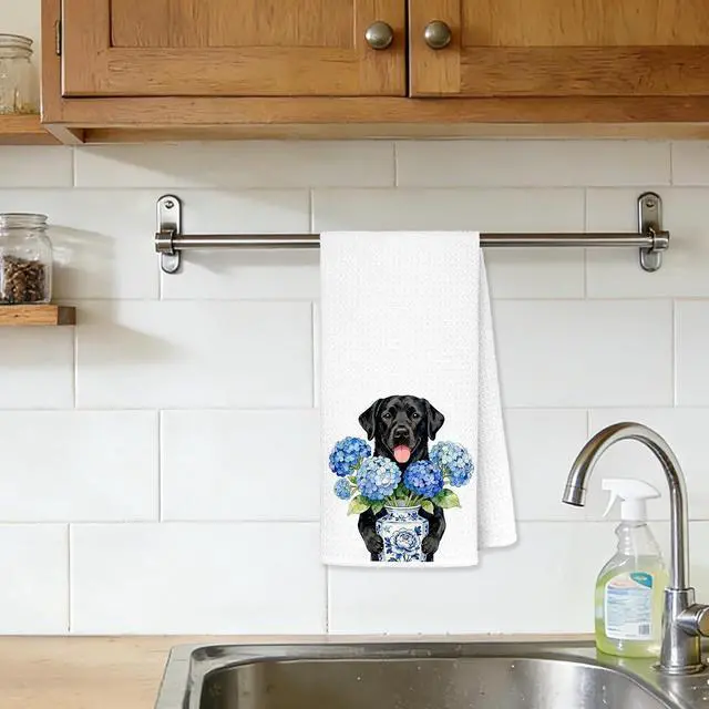 Alt view image 2 of 7 - Hydrangea Black Labrador Retriever Kitchen Towels, Black Lab Gifts Decorative Hand Tea Towels for Bathroom, Blue Chinoiserie Porcelain Floral Lab Dog Dish Towel Drying Cloth, 16x24 Inches