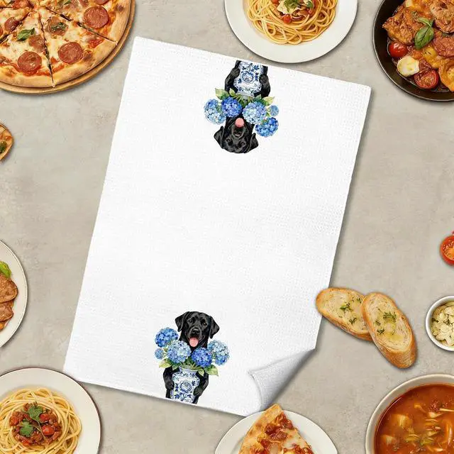 Alt view image 4 of 7 - Hydrangea Black Labrador Retriever Kitchen Towels, Black Lab Gifts Decorative Hand Tea Towels for Bathroom, Blue Chinoiserie Porcelain Floral Lab Dog Dish Towel Drying Cloth, 16x24 Inches