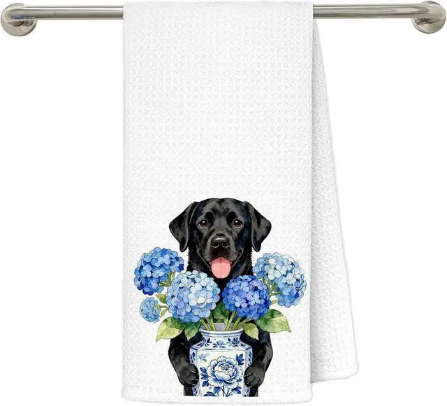 Main image of Hydrangea Black Labrador Retriever Kitchen Towels, Black Lab Gifts Decorative Hand Tea Towels for Bathroom, Blue Chinoiserie Porcelain Floral Lab Dog Dish Towel Drying Cloth, 16x24 Inches