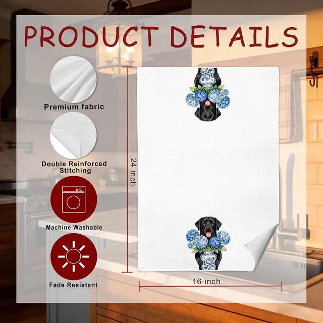 Alt view image 7 of 7 - Hydrangea Black Labrador Retriever Kitchen Towels, Black Lab Gifts Decorative Hand Tea Towels for Bathroom, Blue Chinoiserie Porcelain Floral Lab Dog Dish Towel Drying Cloth, 16x24 Inches