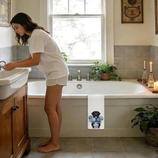 Alt view image 3 of 7 - Hydrangea Black Labrador Retriever Kitchen Towels, Black Lab Gifts Decorative Hand Tea Towels for Bathroom, Blue Chinoiserie Porcelain Floral Lab Dog Dish Towel Drying Cloth, 16x24 Inches