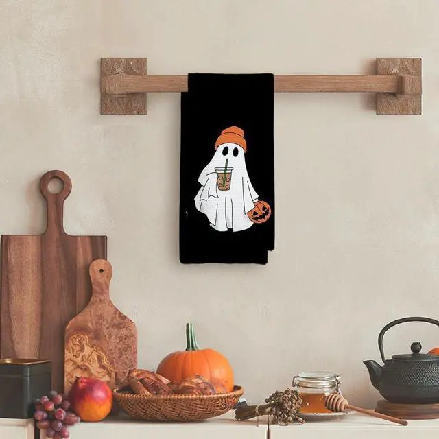 Alt view image 2 of 7 - Halloween Kitchen Towels, Ghost Decorative Fall Hand Towels for Kitchen, Goth Fall Dish Towel Dishcloths Tea Towel for Bathroom, Gothic Halloween Pumpkin KitchenBathroom Decor, Black 16x24in