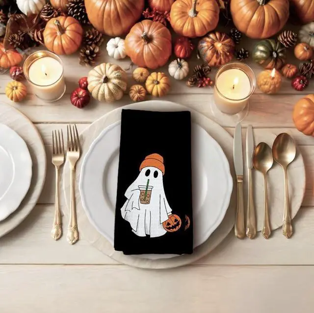 Alt view image 3 of 7 - Halloween Kitchen Towels, Ghost Decorative Fall Hand Towels for Kitchen, Goth Fall Dish Towel Dishcloths Tea Towel for Bathroom, Gothic Halloween Pumpkin KitchenBathroom Decor, Black 16x24in