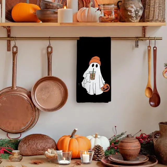 Alt view image 5 of 7 - Halloween Kitchen Towels, Ghost Decorative Fall Hand Towels for Kitchen, Goth Fall Dish Towel Dishcloths Tea Towel for Bathroom, Gothic Halloween Pumpkin KitchenBathroom Decor, Black 16x24in