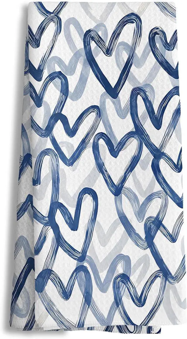 Main image of Navy Blue Heart Valentines Kitchen Towels Decorative, Trendy Preppy Blue Valentine's Day Hand Tea Towels for Bathroom Kitchen, Valentine Dish Towel Dishcloth, 16x24 Inch