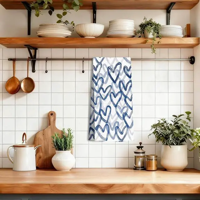 Alt view image 3 of 6 - Navy Blue Heart Valentines Kitchen Towels Decorative, Trendy Preppy Blue Valentine's Day Hand Tea Towels for Bathroom Kitchen, Valentine Dish Towel Dishcloth, 16x24 Inch