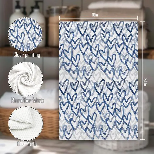 Alt view image 2 of 6 - Navy Blue Heart Valentines Kitchen Towels Decorative, Trendy Preppy Blue Valentine's Day Hand Tea Towels for Bathroom Kitchen, Valentine Dish Towel Dishcloth, 16x24 Inch