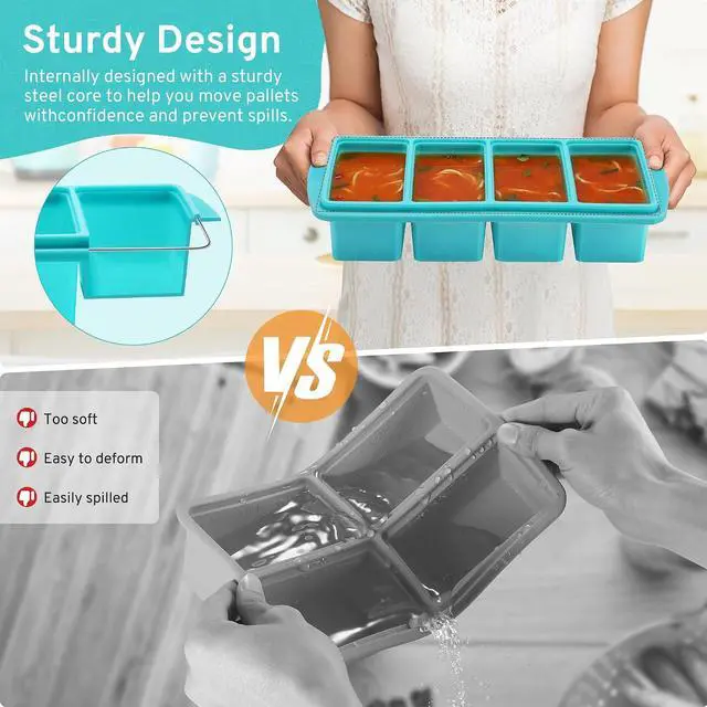 Alt view image 3 of 6 - Silicone Freezer Tray with Lid - 1 Cup Silicone Food Tray - Large Ice Cube Freezer Molds - Soup, Sauce, leftovers, Homemade Meal Prep Freezing Kitchen Storage Containers - Aqua - 1-Pack