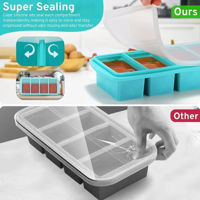 Alt view image 4 of 6 - Silicone Freezer Tray with Lid - 1 Cup Silicone Food Tray - Large Ice Cube Freezer Molds - Soup, Sauce, leftovers, Homemade Meal Prep Freezing Kitchen Storage Containers - Aqua - 1-Pack