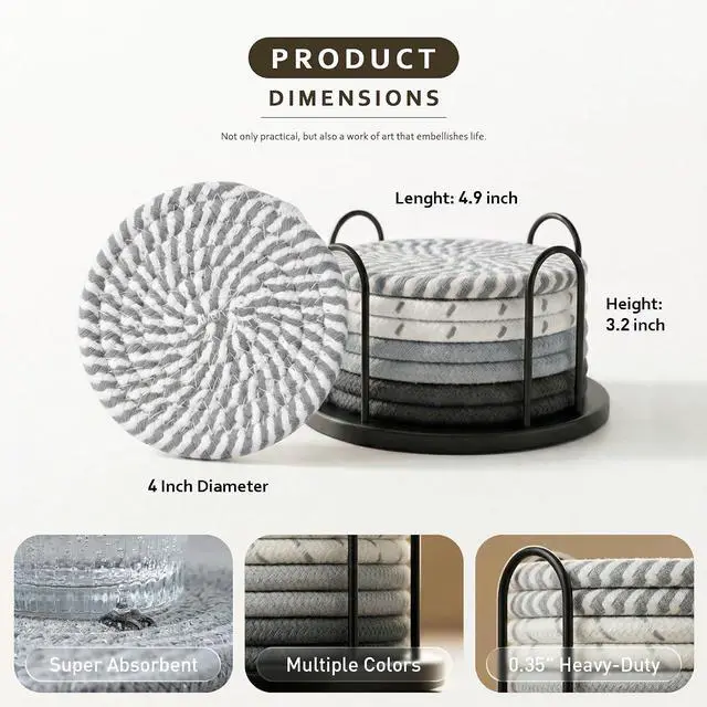 Alt view image 4 of 6 - Lazebox Coasters Set of 8 for Drinks, 4 Inch Large Coasters for Coffee Table, Tabletop Protection for Hot & Cold Drinks, Versatile Coasters for Home Decor, Non-Slip & Easy to Clean, Gray