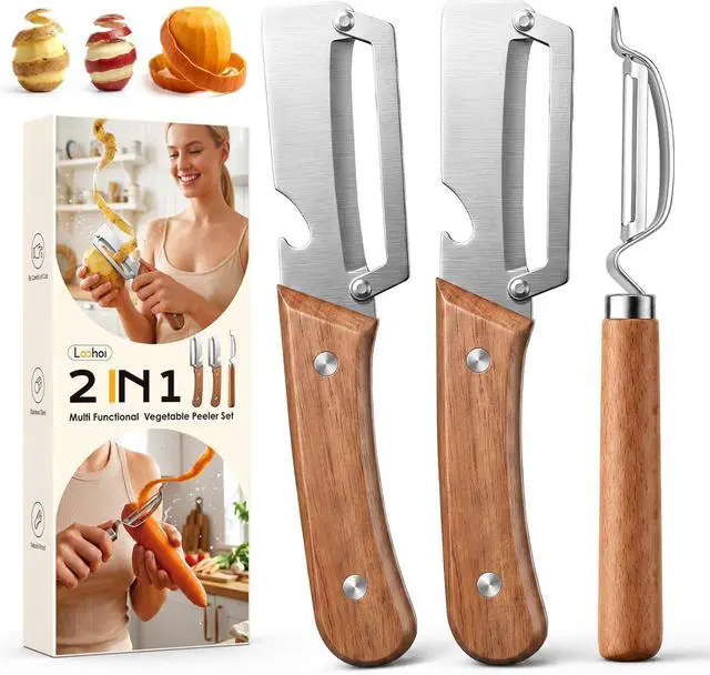 Main image of 3-Pack Multi-Functional Vegetable Peeler for Kitchen Fruit Potato | 2026 Upgraded Ultra Sharp Stainless Steel Peelers with Ergonomic Wood Handle for Apple, Carrot, Pumpkin & kitchen Cooking