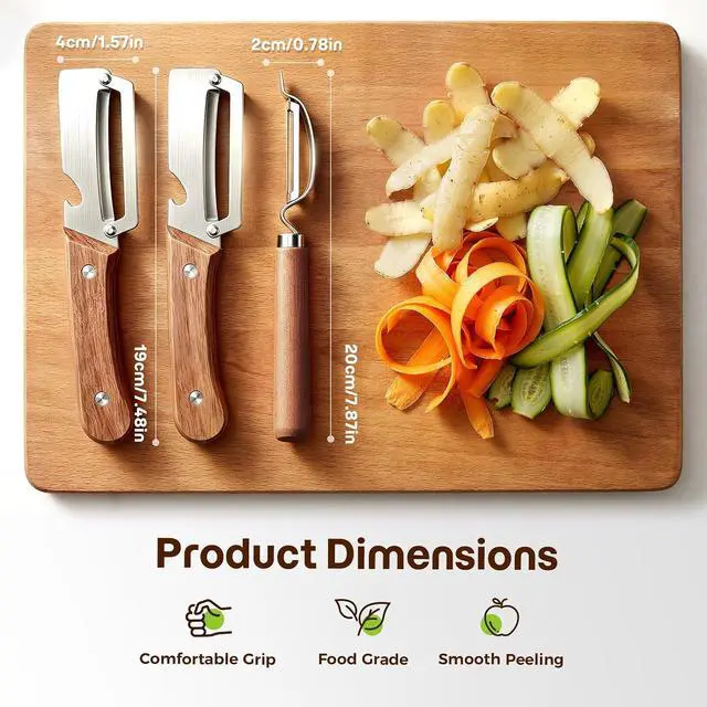 Alt view image 5 of 7 - 3-Pack Multi-Functional Vegetable Peeler for Kitchen Fruit Potato | 2026 Upgraded Ultra Sharp Stainless Steel Peelers with Ergonomic Wood Handle for Apple, Carrot, Pumpkin & kitchen Cooking