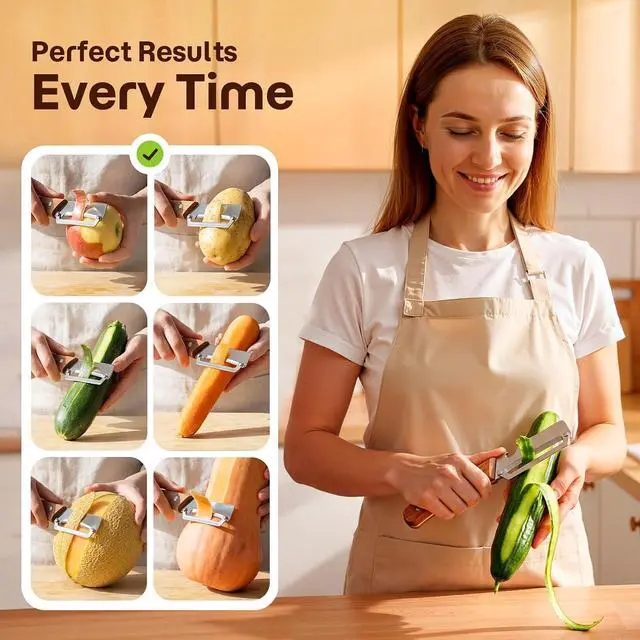 Alt view image 6 of 7 - 3-Pack Multi-Functional Vegetable Peeler for Kitchen Fruit Potato | 2026 Upgraded Ultra Sharp Stainless Steel Peelers with Ergonomic Wood Handle for Apple, Carrot, Pumpkin & kitchen Cooking