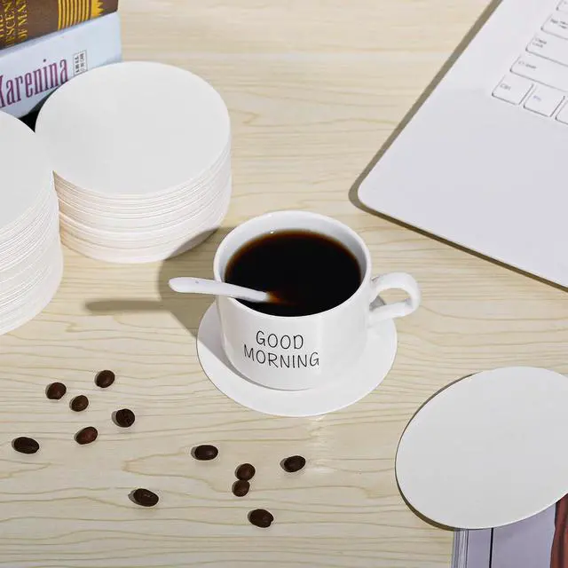 Alt view image 4 of 7 - 50 Pcs Paper Coasters 1MM, 4 Inch Disposable Round White Cardboard Coasters for Weddings Parties
