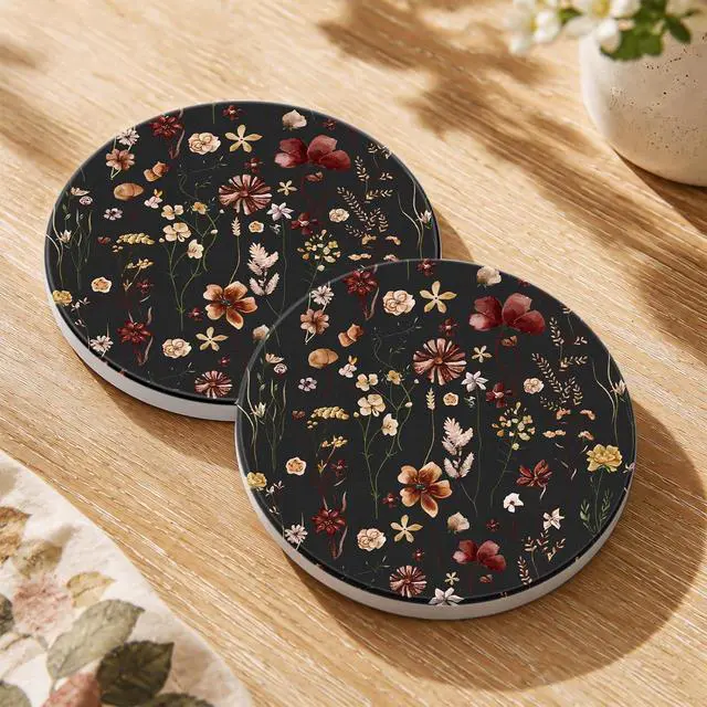 Main image of Oqplog 2 Pack Ceramic Absorbent Drink Coasters for Women | Vintage Black Flower Absorbent Drinking Coasters with Cork Backing for Desk Table Office Outdoor Coffee Bar 4 Inch Set of 2