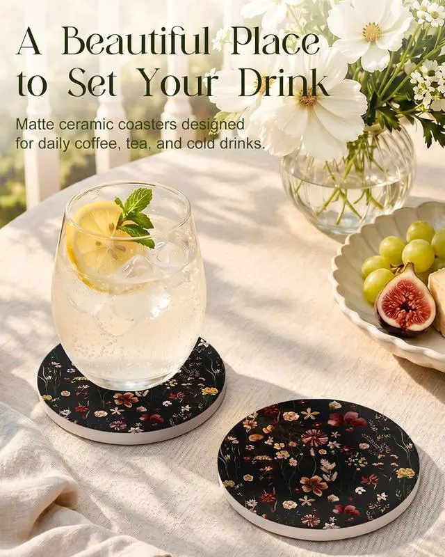 Alt view image 2 of 7 - Oqplog 2 Pack Ceramic Absorbent Drink Coasters for Women | Vintage Black Flower Absorbent Drinking Coasters with Cork Backing for Desk Table Office Outdoor Coffee Bar 4 Inch Set of 2