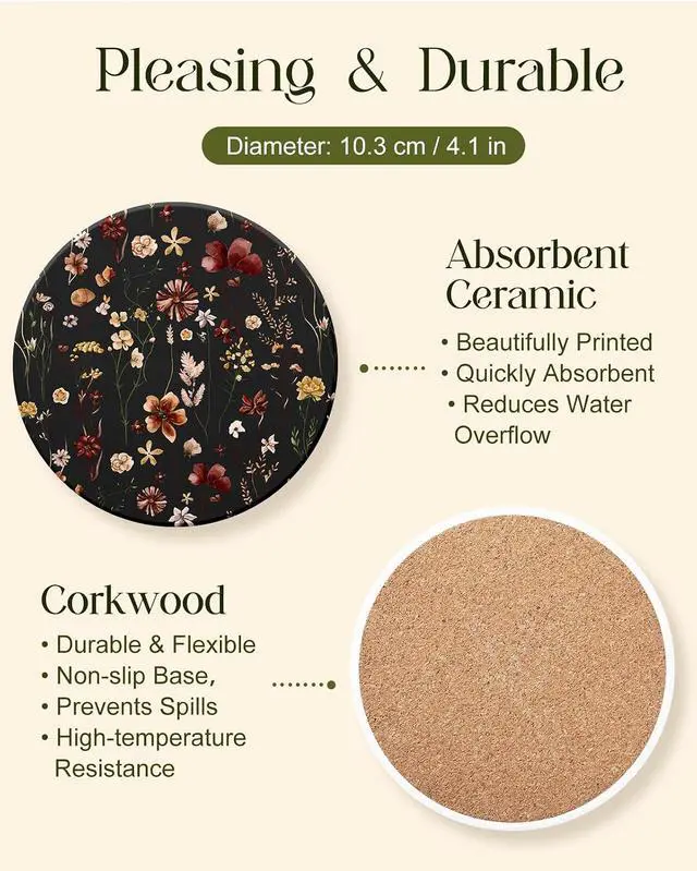 Alt view image 3 of 7 - Oqplog 2 Pack Ceramic Absorbent Drink Coasters for Women | Vintage Black Flower Absorbent Drinking Coasters with Cork Backing for Desk Table Office Outdoor Coffee Bar 4 Inch Set of 2