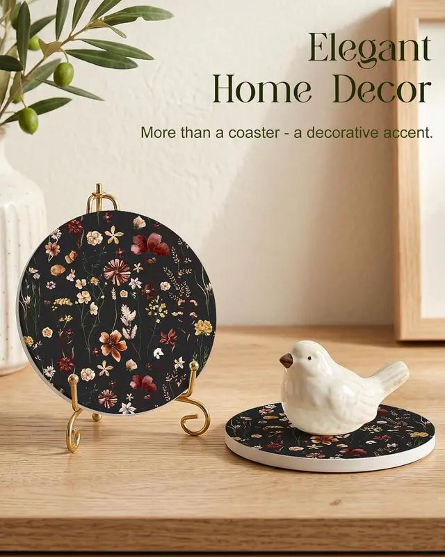 Alt view image 5 of 7 - Oqplog 2 Pack Ceramic Absorbent Drink Coasters for Women | Vintage Black Flower Absorbent Drinking Coasters with Cork Backing for Desk Table Office Outdoor Coffee Bar 4 Inch Set of 2