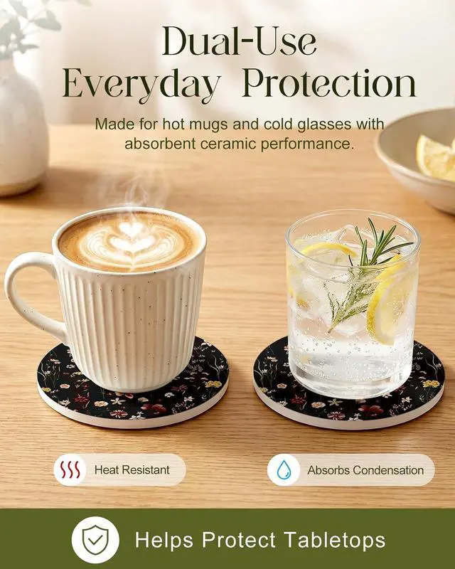 Alt view image 4 of 7 - Oqplog 2 Pack Ceramic Absorbent Drink Coasters for Women | Vintage Black Flower Absorbent Drinking Coasters with Cork Backing for Desk Table Office Outdoor Coffee Bar 4 Inch Set of 2