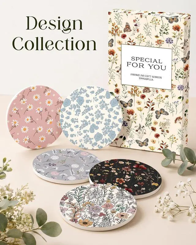 Alt view image 7 of 7 - Oqplog 2 Pack Ceramic Absorbent Drink Coasters for Women | Vintage Black Flower Absorbent Drinking Coasters with Cork Backing for Desk Table Office Outdoor Coffee Bar 4 Inch Set of 2