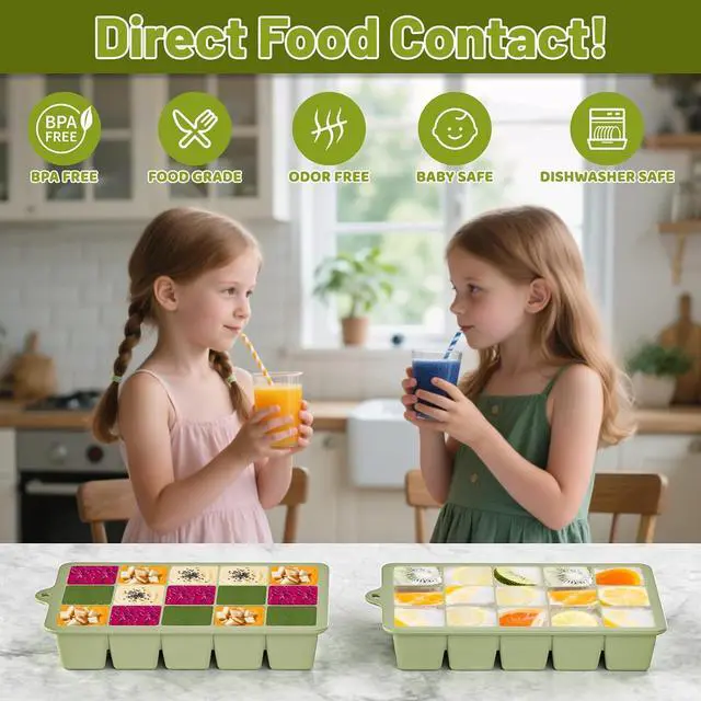 Alt view image 3 of 7 - Silicone Ice Cube Tray 2 Pack - EASY RELEASE ice cube tray with lid, BPA Free Ice Cubes Trays for Freezer,ice cube mold for Cocktail,Whiskey (Green)