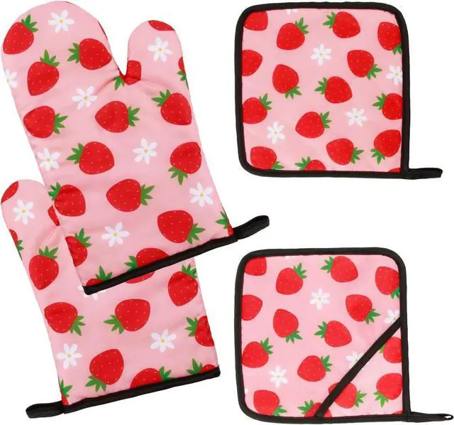 Main image of 4 PSC Strawberry Pink Cute Oven Mitts Pot Holders Set,Strawberry Kitchen Accessories Decor,Heat Resistant for Cooking Baking Grilling Microwave